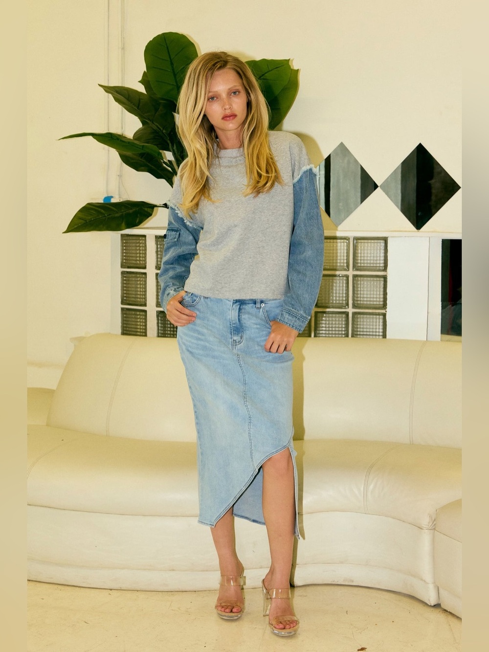 Denim Sleeve Mixed Media Sweatshirt - Picture 12 of 12